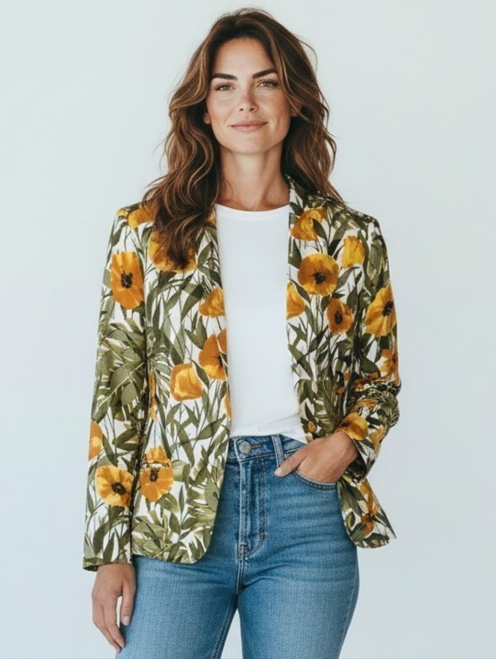 Due Per Due Vibtage Chic Floral Silk Blazer with Orange and Green Accents